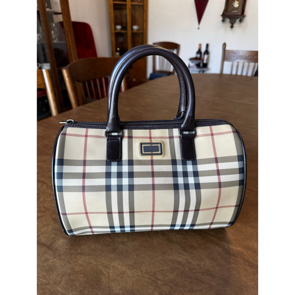 Burberry Beige Brown Plaid Coated Canvas & Leather Satchel - Picture 2 of 14